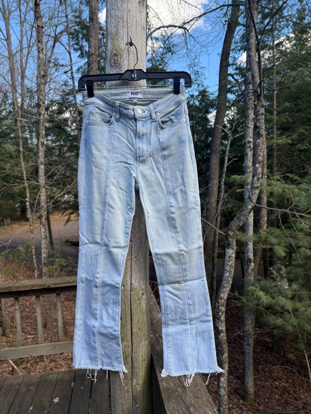 PAIGE Light Blue Cropped Straight Jeans with Frayed Hem